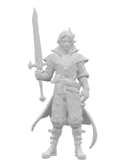 3D model for Hand-painted, inked, stylized, magic swordsman in Final Fantasy art style, vibrant, colorful, clean #game figure#
