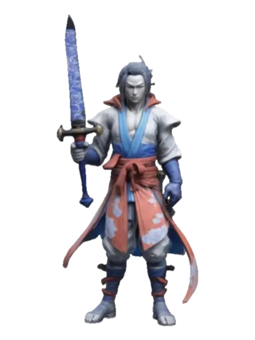 3D model for Hand-painted, inked, stylized, magic swordsman in Final Fantasy art style, vibrant, colorful, clean #game figure#