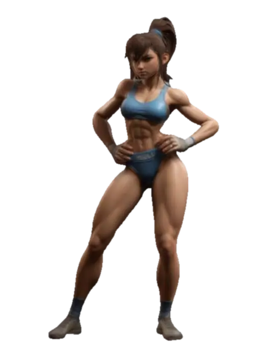a fit, athletic 3D young video game fighter, a muscular yet lean build with strong… 3D model, vytvořený pomocí AI
