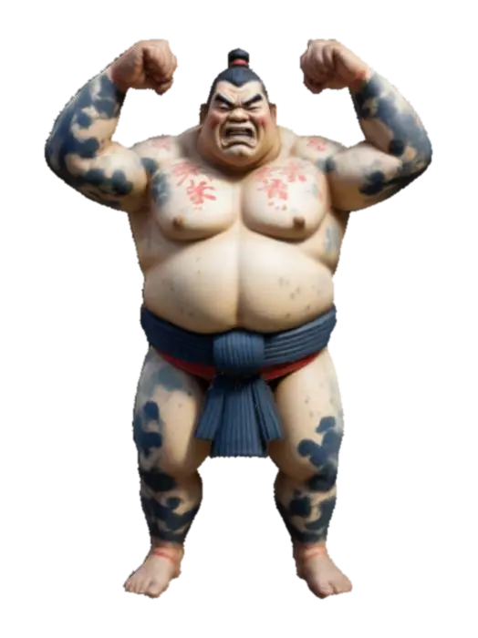 Hand-painted, inked, stylized, huge sumo wrestler, Ukiyo-e art style, energetic,… - Masculine 3D model, vytvořený pomocí AI