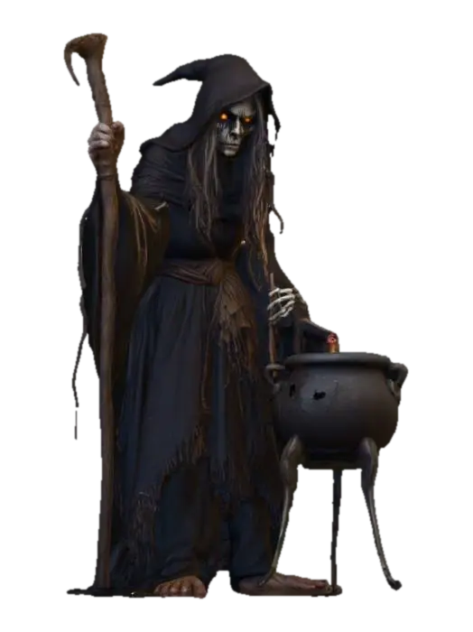 Hunched witch with twisted staff, long tangled hair, ragged robes stitched with… - Folklore 3D model, vytvořený pomocí AI