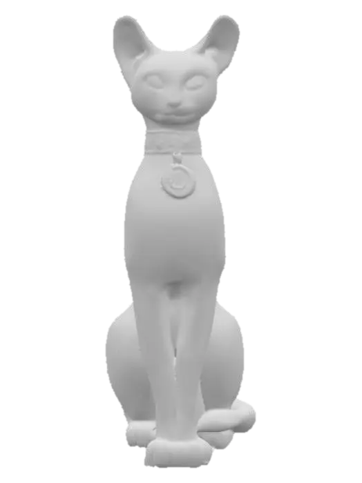 3D model for A pristine jade and onyx sculpture of a cat, seated upright with perfect symmetry. The surface is sleek, glossy, and highly polished, capturing the graceful curves of the feline form. Its eyes are carved from luminous jade, shining with gemstone brilliance. The tail curls smoothly around its body, flowing seamlessly into the design. Decorative engravings on a fine collar sparkle subtly, giving the sculpture an aura of refined mystery and elegance.