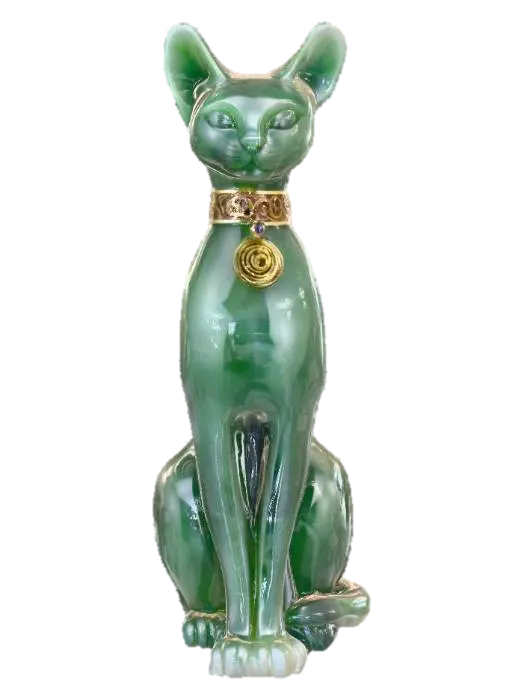 3D model for A pristine jade and onyx sculpture of a cat, seated upright with perfect symmetry. The surface is sleek, glossy, and highly polished, capturing the graceful curves of the feline form. Its eyes are carved from luminous jade, shining with gemstone brilliance. The tail curls smoothly around its body, flowing seamlessly into the design. Decorative engravings on a fine collar sparkle subtly, giving the sculpture an aura of refined mystery and elegance.