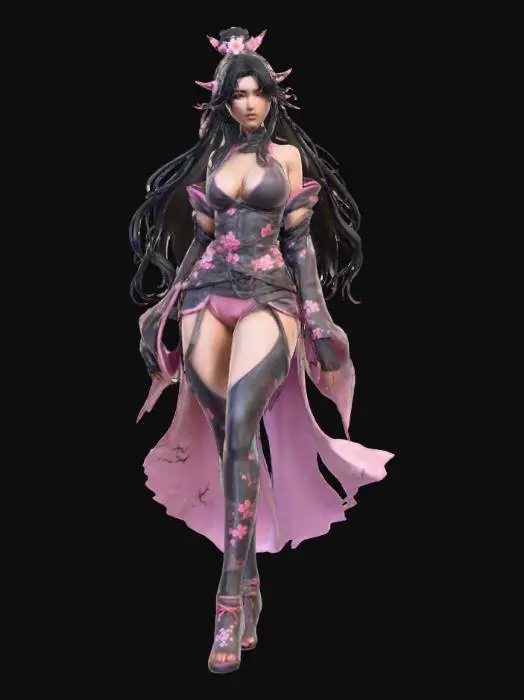3D model for Full-body Unreal Engine render of a female character with long black hair, a curvy build, wearing a tight cherry blossom ninja outfit. non-metallic texturing.