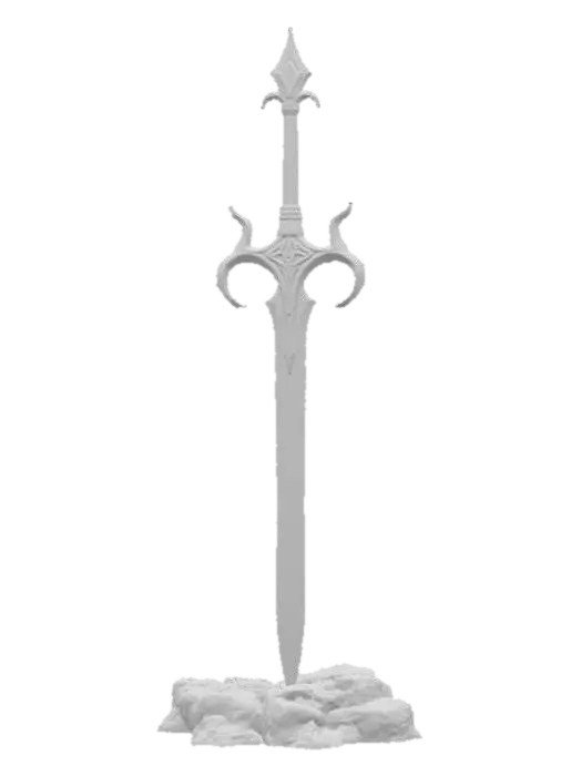 3D model for 3d concept art of a giant sword made out of black obsidian with red glowing runes on the blade, placed on a pedestal of lava