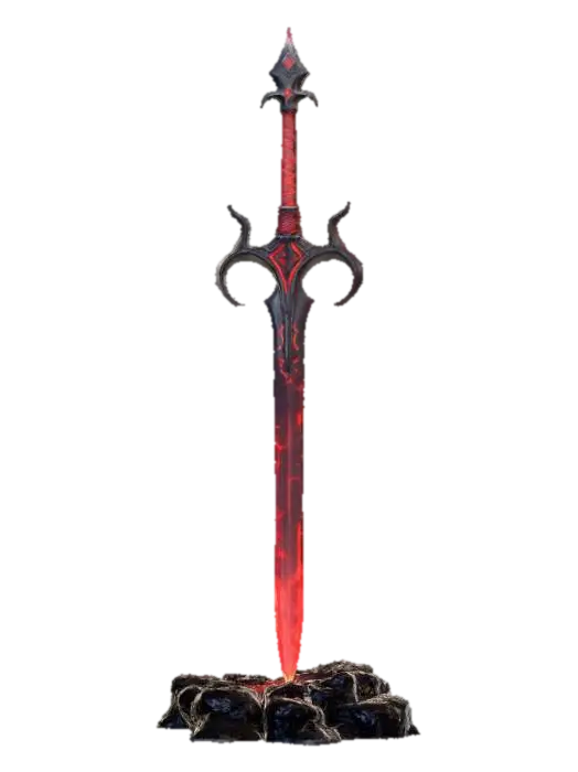 3D model for 3d concept art of a giant sword made out of black obsidian with red glowing runes on the blade, placed on a pedestal of lava