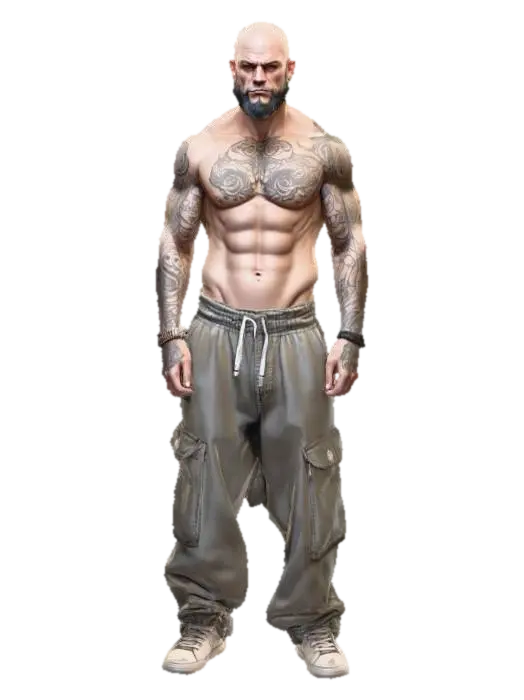full-body shot of a character, a muscular bald man with tattoos wearing baggy pants… 3D model, vytvořený pomocí AI