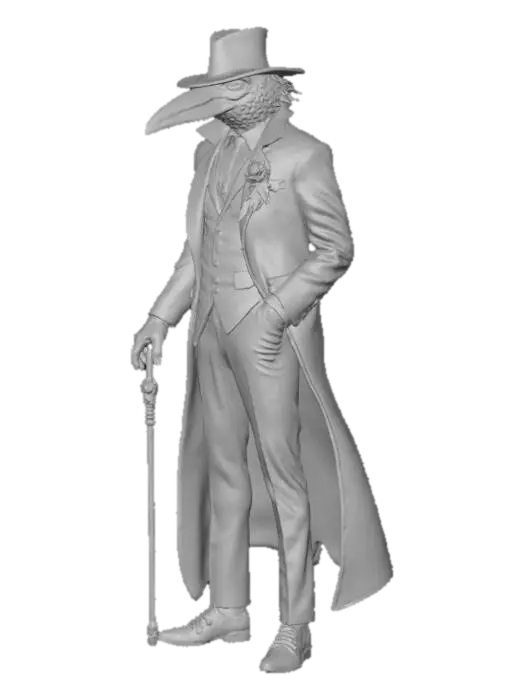 3D model for The Velvet Crow – Sharp-suited gangster in a crow mask, feathers woven into jacket lining, jeweled cane in hand, #villain#