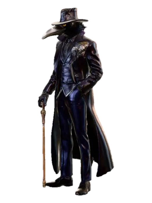 3D model for The Velvet Crow – Sharp-suited gangster in a crow mask, feathers woven into jacket lining, jeweled cane in hand, #villain#