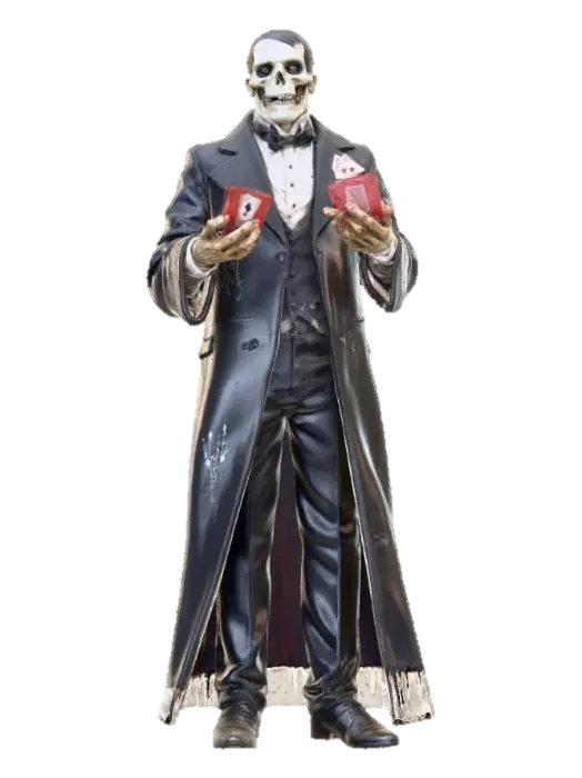 The Dealer – Sinister gambler in a tattered tuxedo, skeletal hands shuffling… 3D model, vytvořený pomocí AI