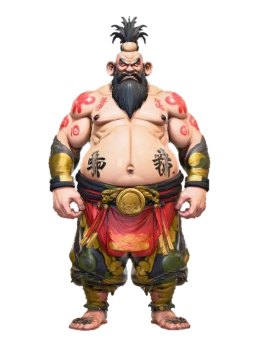 Hand-painted, inked, stylized, Sumo boss villain, GTA art style, bold, clean,… 3D model, vytvořený pomocí AI