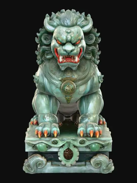 3D model for Shíshī,
Chinese mythology stylized art, hand-painted texture. A colossal guardian lion carved from jade stone, body cracked with glowing veins of light. Mane curls like storm clouds, fangs bared in eternal vigilance. Eyes burn with protective fire, claws gripping temple steps. Aura of strength and sacred guardianship, ceremonial presence infused with dread. Painterly stone texture, dramatic shadows, mythic majesty.