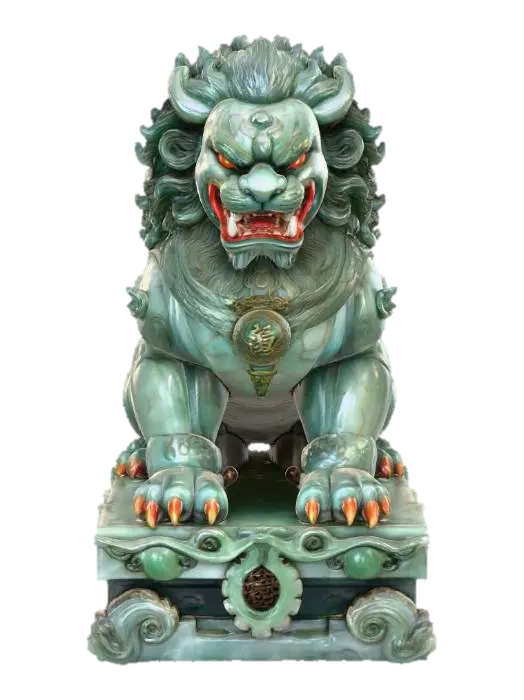 3D model for Shíshī,

Chinese mythology stylized art, hand-painted texture. A colossal guardian lion carved from jade stone, body cracked with glowing veins of light. Mane curls like storm clouds, fangs bared in eternal vigilance. Eyes burn with protective fire, claws gripping temple steps. Aura of strength and sacred guardianship, ceremonial presence infused with dread. Painterly stone texture, dramatic shadows, mythic majesty.