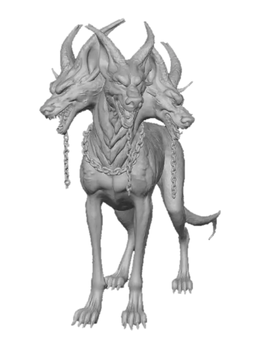 3D model for Κέρβερος,

Greek mythology stylized art, hand-painted texture. A colossal three-headed hound with fur like scorched shadow, eyes burning red like coals. Each head snarls with fangs dripping molten venom, necks bound in broken chains. A serpent tail writhes with venomous life, scales glistening. Aura of underworld dread and eternal guardianship, ceremonial terror. Painterly textures of ash and fire, deep shadows, mythic grandeur.