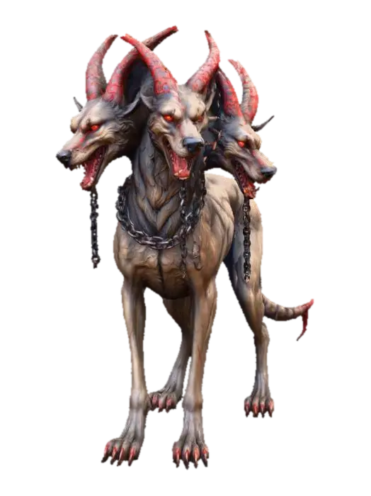3D model for Κέρβερος,

Greek mythology stylized art, hand-painted texture. A colossal three-headed hound with fur like scorched shadow, eyes burning red like coals. Each head snarls with fangs dripping molten venom, necks bound in broken chains. A serpent tail writhes with venomous life, scales glistening. Aura of underworld dread and eternal guardianship, ceremonial terror. Painterly textures of ash and fire, deep shadows, mythic grandeur.