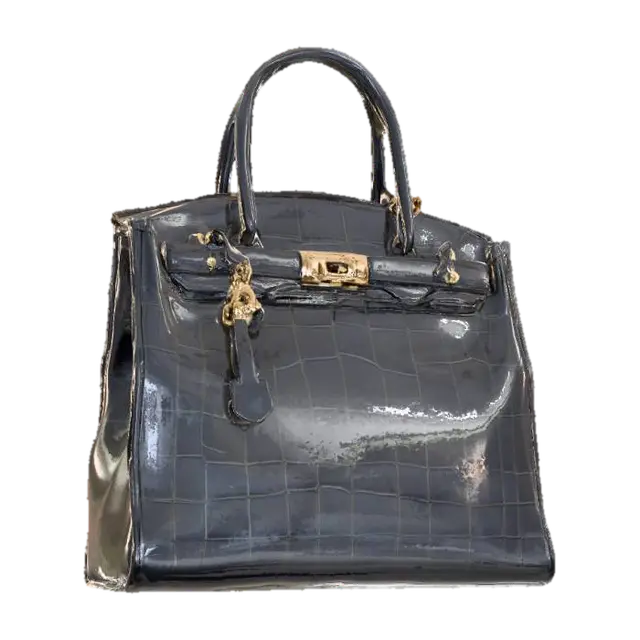 3D model for A flawless, high-resolution luxury handbag. Birkin, high fashion, realism, cloth, Patent Leather, Gemstone Inlays, Clasps, zippers, and chains plated in precious metals