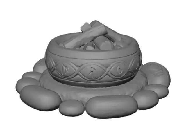 3D model for Elven bonfire with a runic base, base is jade, there are glowing coals and wood