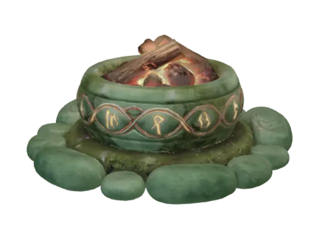 3D model for Elven bonfire with a runic base, base is jade, there are glowing coals and wood