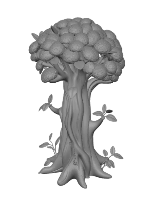 3D model for A single isolated tree model on a plain white background.
* Full-body product-style render (no environment).
* Thick, chunky trunk with exaggerated roots.
* Multiple stylized jungle-style canopies merged into one model (perfect for a zoo monkey exhibit).
* Rounded, toy-like forms with clean silhouettes.
* Slightly worn bark, carved initials, and subtle theme-park wear.
* Dense broad leaves with layered clusters that will convert well into a 3D mesh.
* Pixar/Poppy Playtime/Indigo Park-inspired proportions while remaining completely original.