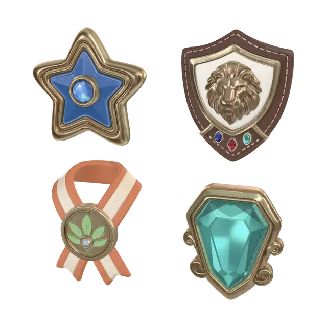 3D model for Make an achievement medal, ribbon, and/or cartoon game badge in the shape of a star, shield, ribbon, and gem.