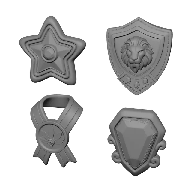 3D model for Make an achievement medal, ribbon, and/or cartoon game badge in the shape of a star, shield, ribbon, and gem.