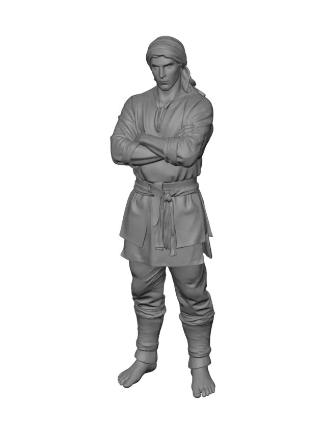 3D model for Hombre medieval de pie, con brazos cruzados, túnica verde, cinturón beige, pantalones marrones y botas de cuero, sin capa, estilo realista, listo para impresión 3D.