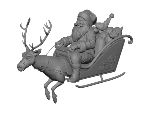 3D model for Santa Clause and his reindeer flying over rooftops