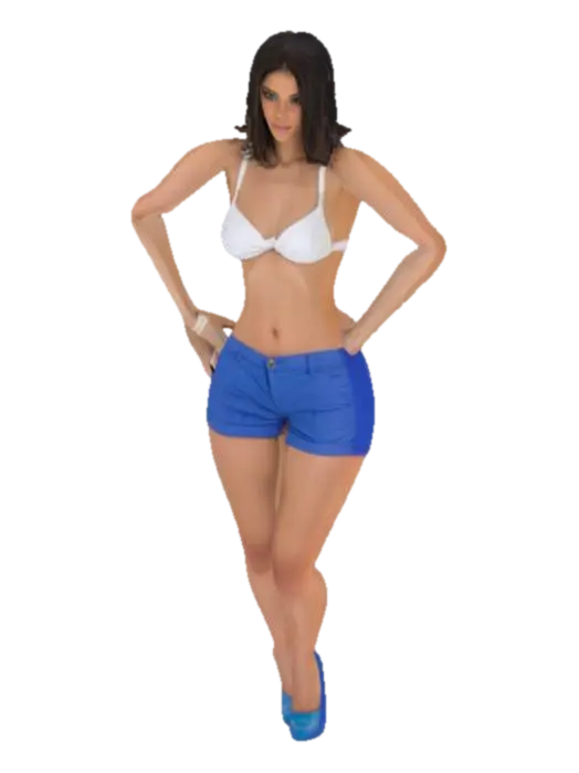 3D model for female in a white bikini top and shorts, with blue shorts. T-pose. Wearing high heal shoes.