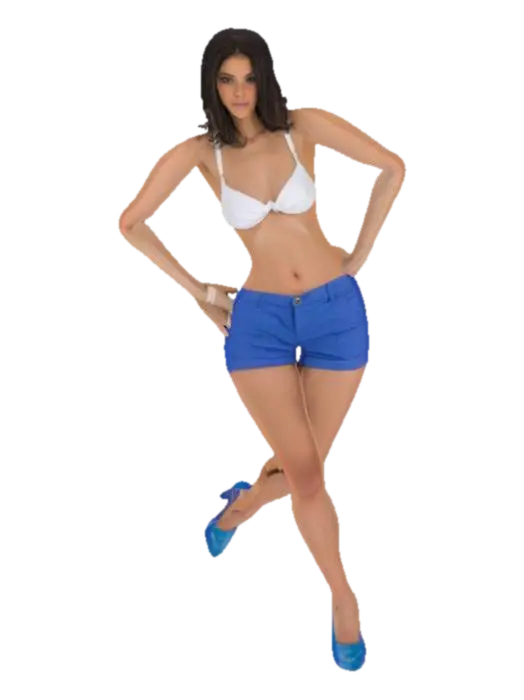 3D model for female in a white bikini top and shorts, with blue shorts. T-pose. Wearing high heal shoes.