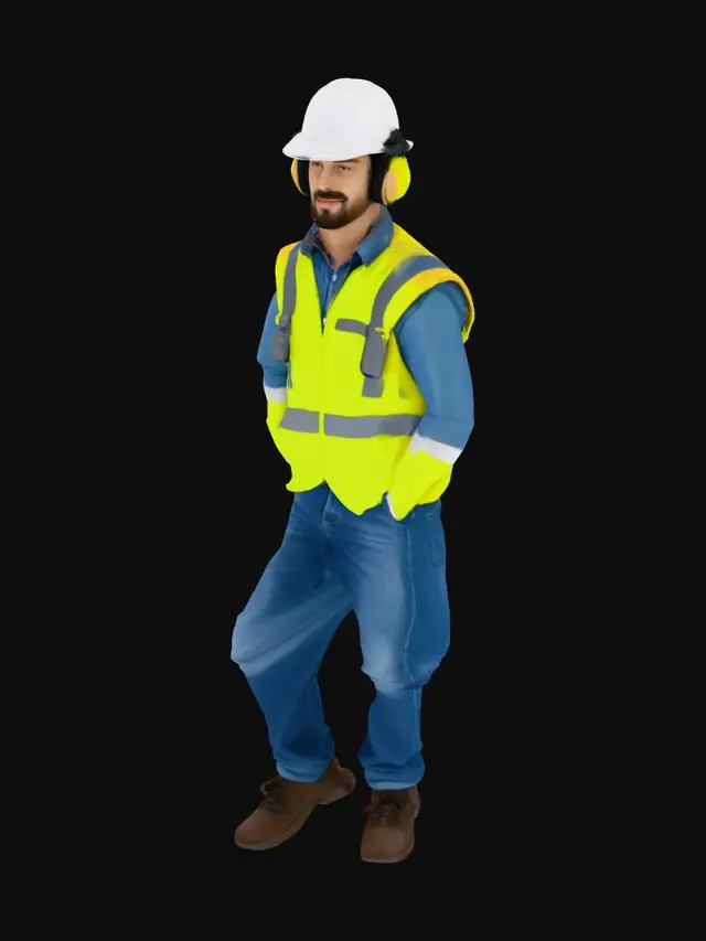 3D model for Genera a un personaje en 3D de un Supervisor de Seguridad y Salud en el Trabajo con su casco blanco, orejeras, chaleco con cintas reflectivas, zapatos de seguridad, pantalon jean y que mida aproximadamente 1.80 metros