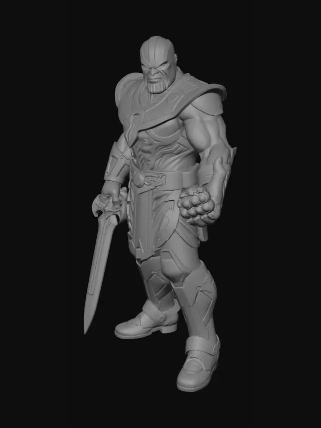 3D model for Quiero que diseñes a Thanos en 3D con su guantelete con las 6 gemas del infinito y con toda su armadura y su espada doble.