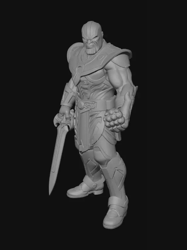 3D model for Quiero que diseñes a Thanos en 3D con su guantelete con las 6 gemas del infinito y con toda su armadura y su espada doble.