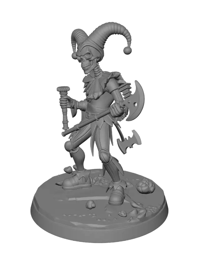 3D model for 32 mm miniature figure that is a Warhammer 40k Harlequin Death Jester wearing a smiling skull helmet with suriken canon with axe bajonet at the ready staning on a runin of an old webway