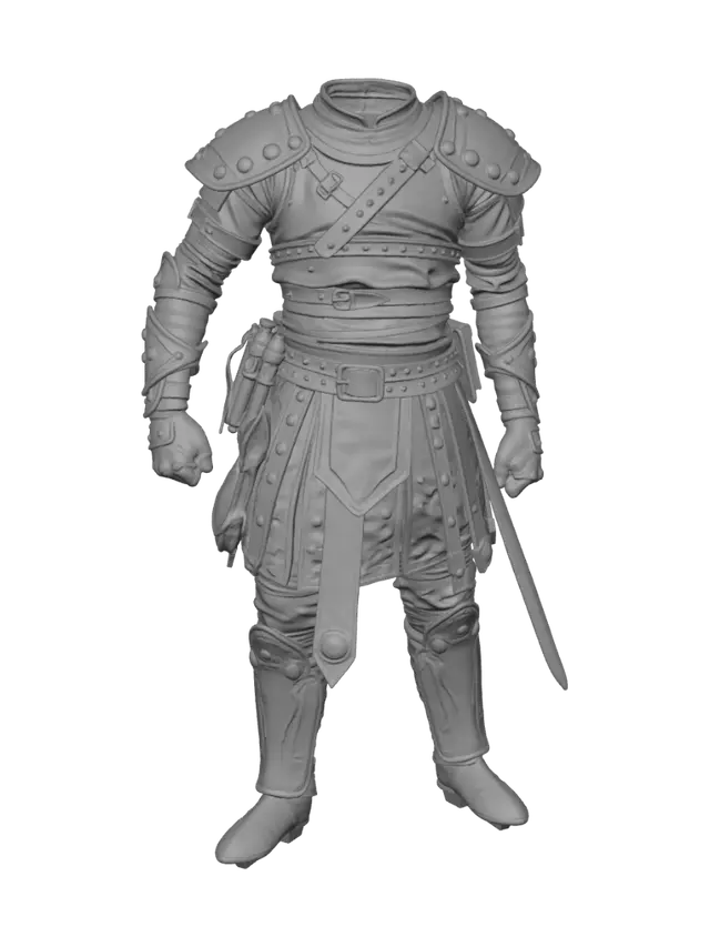 3D model for Leather rebel armor set, medieval fantasy outlaw style, layered dark leather armor with metal studs, belts, straps, shoulder guards and bracers, clear readable silhouette, stylized but practical design, game-ready asset, clean topology, standalone 3D armor set, no character, no background, no floating parts.