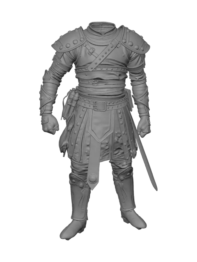 3D model for Leather rebel armor set, medieval fantasy outlaw style, layered dark leather armor with metal studs, belts, straps, shoulder guards and bracers, clear readable silhouette, stylized but practical design, game-ready asset, clean topology, standalone 3D armor set, no character, no background, no floating parts.