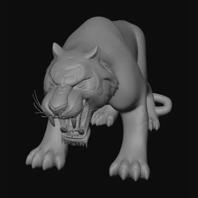 3D model for Low-poly stylized sabre-tooth tiger, Roblox game asset, clean mesh, organic creature, giant fangs, fierce expression, wild animal, hand-painted texture style, solid flat colors, game-ready topology, no armor, optimized for Roblox Studio export.