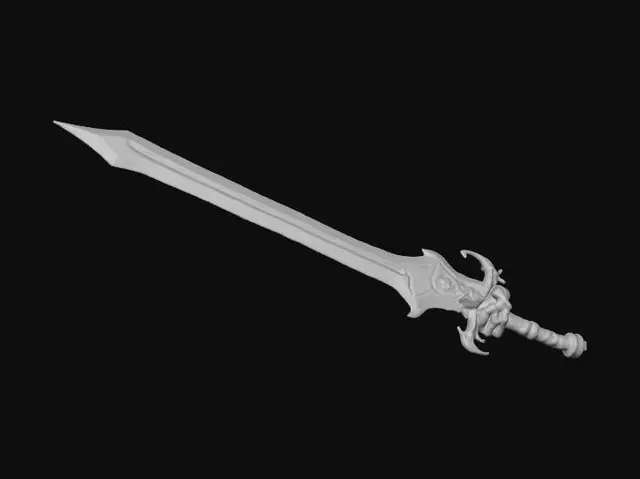 3D model for Stylised divine fantasy greatsword inspired by anime-style RPGs, massive broad blade with exaggerated proportions, glowing orange energy core running through the center, ornate gold and white celestial details, floating rune engravings, clean symmetrical design, heroic proportions, low-poly game-ready asset, clean topology, single object, PBR textures, isolated on neutral background
