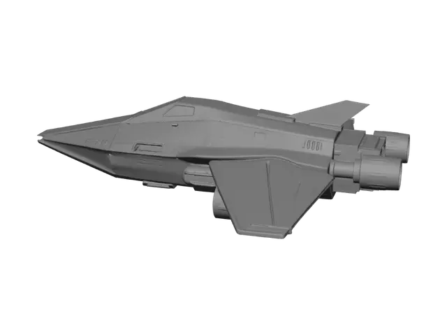 3D model for A small used-future civilian courier spaceship, hard-surface low-poly game asset.
Compact angular fuselage with a tapered nose, one raked cockpit canopy, two swept
rear wings, and two boxy engine nacelles with recessed glowing thruster bells at the
back. Scuffed dark gunmetal hull with weld seams, grime streaks, mismatched bolted-on
repair panels and exposed conduit. Two accents only: warm amber running lights and
cyan engine glow. Desaturated metal base, emissive engines and cockpit glass. Clean
silhouette readable at thumbnail size. PBR game-ready.