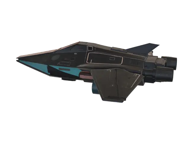 3D model for A small used-future civilian courier spaceship, hard-surface low-poly game asset.
Compact angular fuselage with a tapered nose, one raked cockpit canopy, two swept
rear wings, and two boxy engine nacelles with recessed glowing thruster bells at the
back. Scuffed dark gunmetal hull with weld seams, grime streaks, mismatched bolted-on
repair panels and exposed conduit. Two accents only: warm amber running lights and
cyan engine glow. Desaturated metal base, emissive engines and cockpit glass. Clean
silhouette readable at thumbnail size. PBR game-ready.