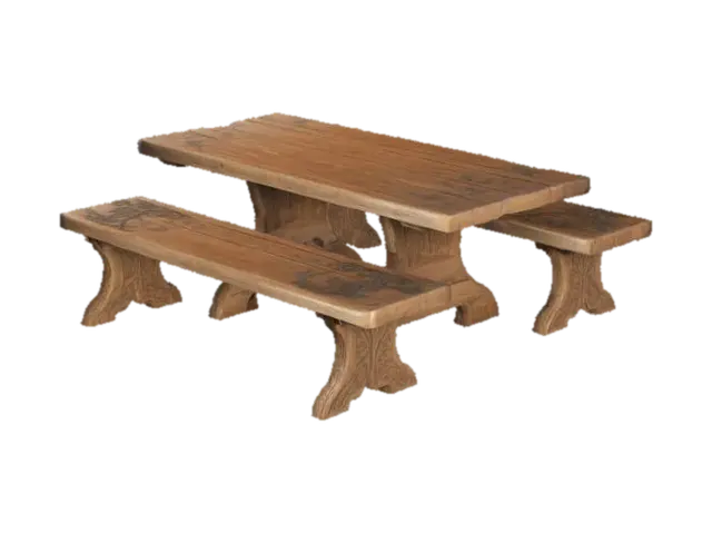 simple wooden table with benches. Sturdy design, slightly curved legs, natural wood… 3D model, vytvořený pomocí AI