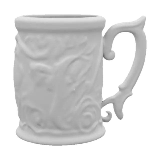 3D model for wooden mug in an elven style. Elegant carvings, organic curves, silver or gold inlays, and leaf motifs. Slightly tapered shape with a graceful handle. Fantasy aesthetic, high-poly, game-ready