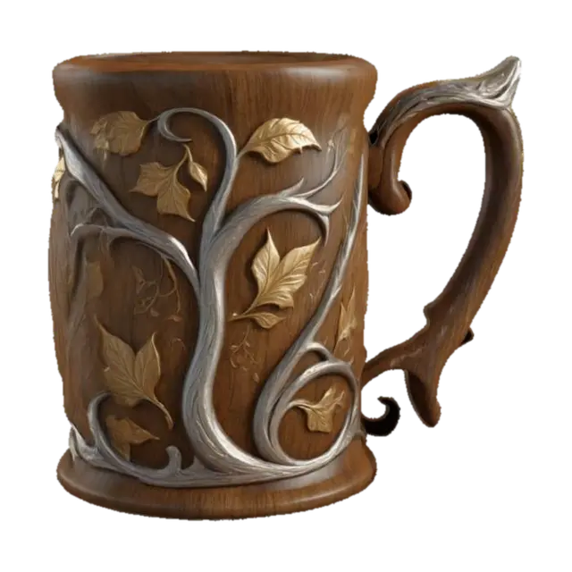 3D model for wooden mug in an elven style. Elegant carvings, organic curves, silver or gold inlays, and leaf motifs. Slightly tapered shape with a graceful handle. Fantasy aesthetic, high-poly, game-ready