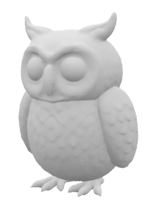 3D model for A quirky clay owl character. Its body is rounded and plump, with large, prominent eyes that are slightly recessed for a natural look. The clay has a shiny and smooth finish.