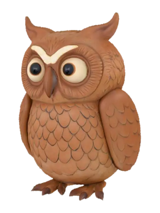 3D model for A quirky clay owl character. Its body is rounded and plump, with large, prominent eyes that are slightly recessed for a natural look. The clay has a shiny and smooth finish.