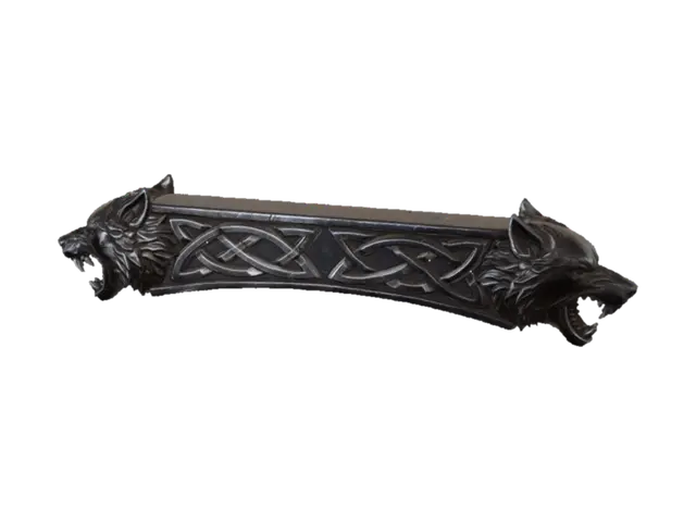 A sword cross guard, with snarling wolf heads at the end, with celtic knots… - Wolfhead 3D model, vytvořený pomocí AI