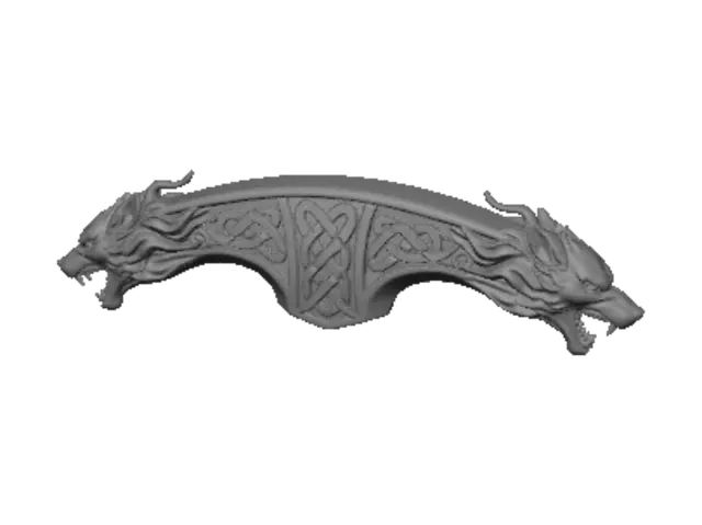 3D model for A swept forward sword cross guard, forged. At each end, a fierce spectral wolf head is expertly sculpted with wisps trailing off of them, capturing sharp fangs and intense eyes. The central length of the guard is deeply engraved with an intricate pattern of raised runs, creating a complex, interwoven texture
