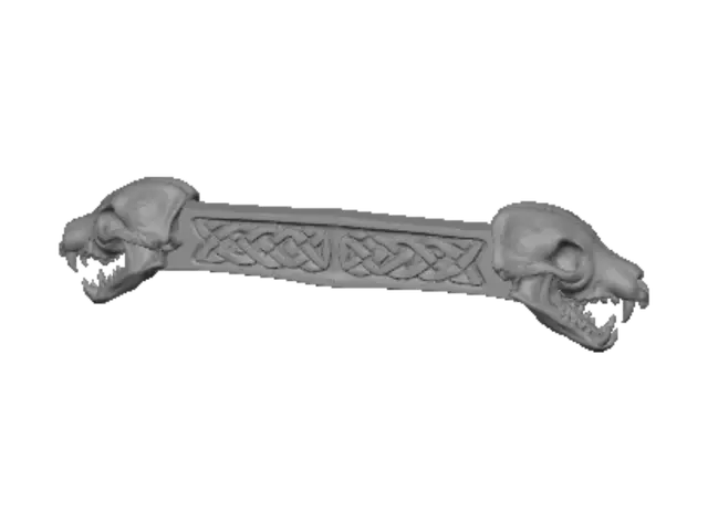 3D model for A long and imposing sword cross guard, forged from dark, weathered iron with a slightly textured, matte finish. At each end, a fierce wolf skull is meticulously sculpted, capturing sharp fangs and intense eyes. The central length of the guard is deeply engraved with an intricate pattern of raised Celtic knots, creating a complex, interwoven texture. The overall structure is robust and heavy, exuding an ancient, battle-hardened aesthetic.