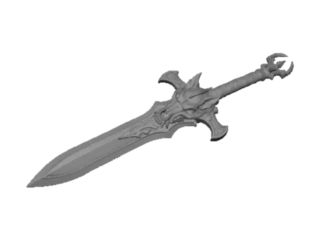 3D model for A foward swept sword cross guard, forged in steel. At each end, facing down the blade, is a uniform skeletal wolf head.  Each head is expertly sculpted the jaw clenched with all teeth exposed, capturing sharp fangs and intense eyes. The central length of the guard has skulls over celtic knots