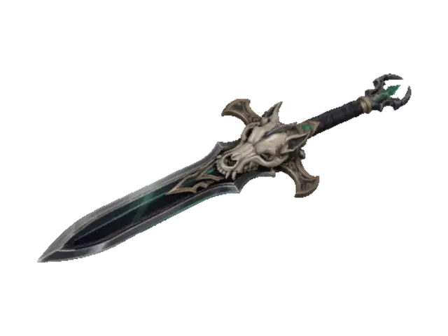 3D model for A foward swept sword cross guard, forged in steel. At each end, facing down the blade, is a uniform skeletal wolf head.  Each head is expertly sculpted the jaw clenched with all teeth exposed, capturing sharp fangs and intense eyes. The central length of the guard has skulls over celtic knots