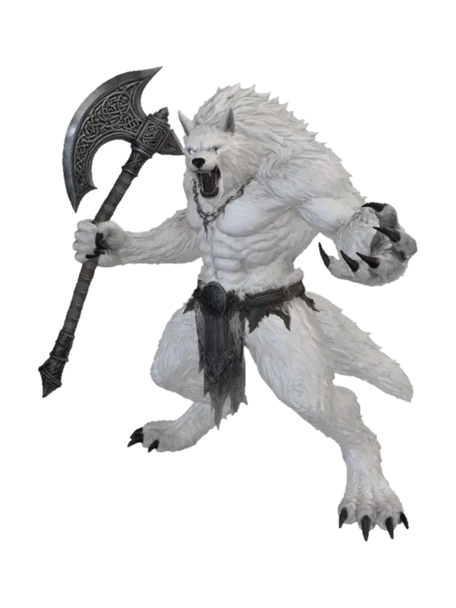 A hulking white werewolf stands in a powerful, bipedal stance, its massive body… - Predatory 3D model, vytvořený pomocí AI